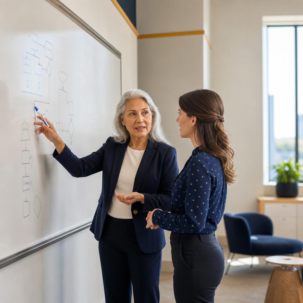 An experienced employee mentoring a younger colleague beside a whiteboard in a workplace training room.